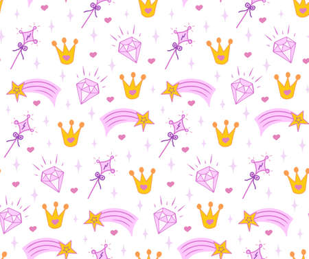 Crown. magic wand, diamond seamless vector pattern for little princess. Background for design, web site, textile, fabric, card and wrapping paper. Girl print.のイラスト素材