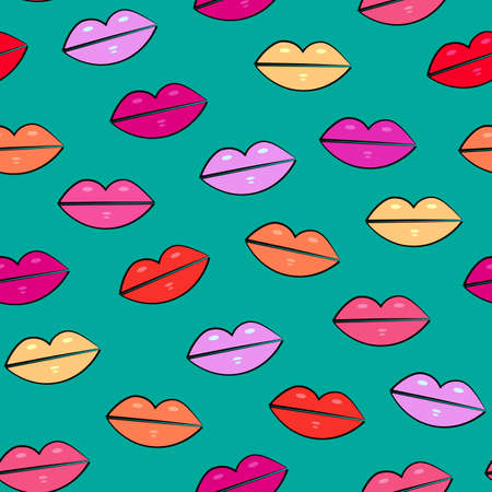 Lips seamless pattern on blue background. Vector illustration for printing, backgrounds, wallpapers, covers, packaging, greeting cards, posters, stickers, textile and seasonal design.のイラスト素材