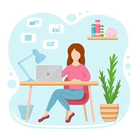 Girl with laptop work at home. Freelancer, home office concept. Flat vector illustration.