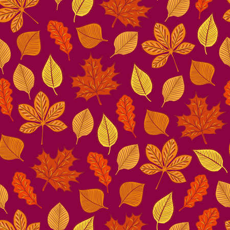 autumn leaves seamless pattern on dark red background .. Vector illustration for printing, backgrounds, wallpapers, covers, packaging, greeting cards, posters, stickers, textile, seasonal design.のイラスト素材
