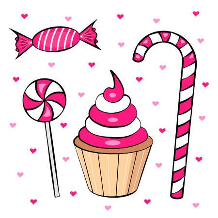Vector candy set in pink and white color. Illustration for printing, backgrounds, wallpapers, covers, packaging, greeting cards, stickers, textile, seasonal design. Isolated on white background.のイラスト素材