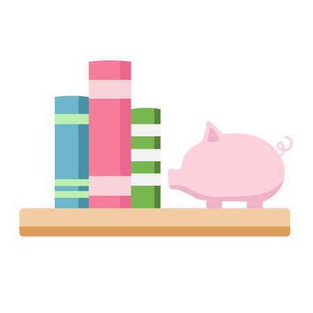 shelf with book and piggy bank vector illustration for printing, backgrounds, wallpapers, covers, packaging, greeting cards, posters, stickers, textile, seasonal design. Isolated on white background.のイラスト素材