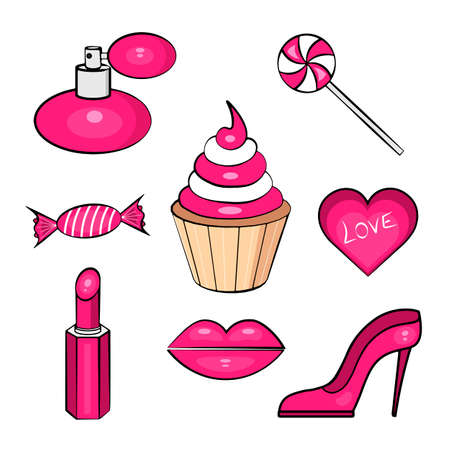 Sweets, lips, lipstick, heart, shoes, perfumes, set of items on a white background. Vector illustration for prints, wallpapers, backgrounds, posters, stickers, logos, beauty salons and textiles.のイラスト素材