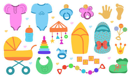 Newborn things. Cute set of things for childrenhood. Isolated icons of baby goods for newborns. Clothing, toys, accessories for hygiene, food for Infant. Vector.のイラスト素材
