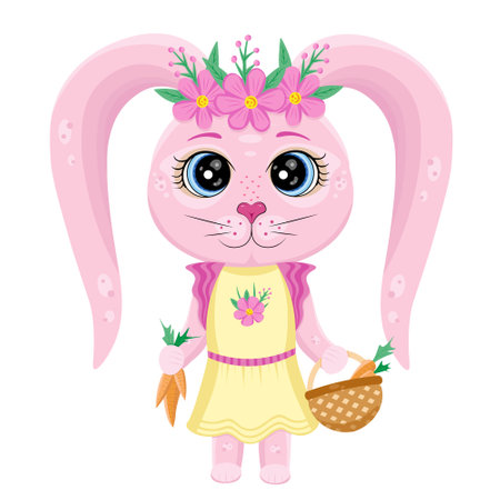 Cute rabbit girl with floral wreaths on her head collects carrots in a basket. Vector illustration for backgrounds, wallpapers, covers, packaging, greeting cards, stickers, textile, seasonal design.のイラスト素材