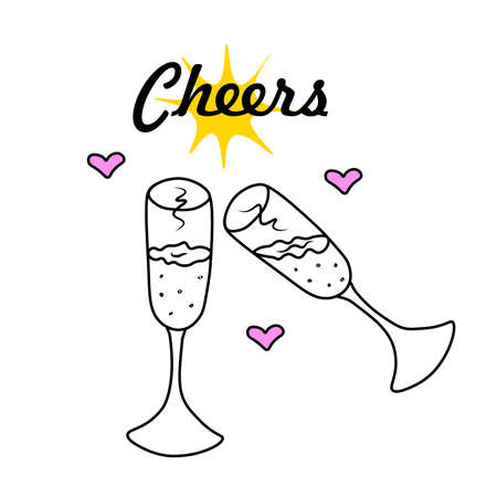Cheers. Two champagne glasses. Vector Illustration for printing, backgrounds, wallpapers, covers, packaging, greeting cards, posters, stickers, textile, seasonal design. Isolated on white background.のイラスト素材