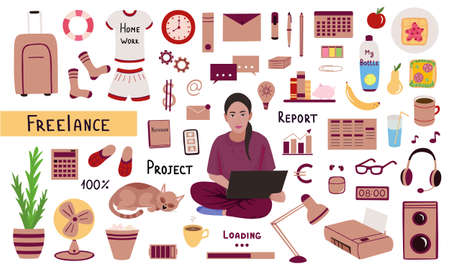 Freelance set. home work, office home. Vector Illustration for printing, backgrounds, wallpapers, packaging, greeting cards, posters, stickers, textile, seasonal design. Isolated on white background.のイラスト素材