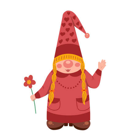Gnome woman with flower. Vector Illustration for printing, backgrounds, covers, packaging, greeting cards, posters, stickers, textile, seasonal design. Isolated on white background.のイラスト素材