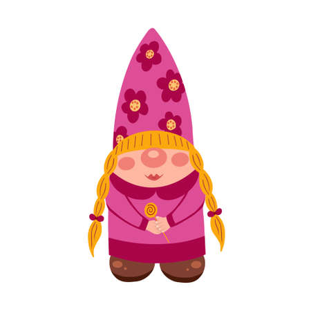 Little gnome girl with candy. Vector Illustration for printing, backgrounds, covers, packaging, greeting cards, posters, stickers, textile, seasonal design. Isolated on white background.のイラスト素材