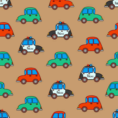 seamless pattern with colorful little cars. Vector Illustration for printing, backgrounds, covers, packaging, greeting cards, posters, stickers, textile, seasonal design. Isolated on white background.のイラスト素材
