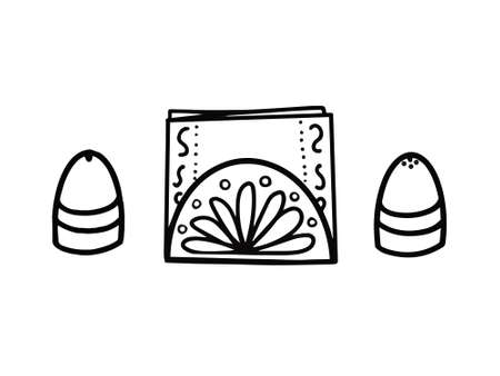 salt, pepper shaker, napkin holder. Vector Illustration for printing, backgrounds, covers, packaging, greeting cards, posters, stickers, textile, seasonal design. Isolated on white background.のイラスト素材