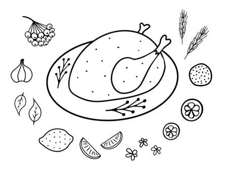 turkey, chicken on plate with spice. doodle. Vector Illustration for backgrounds, covers, packaging, greeting cards, posters, stickers, textile, seasonal design. Isolated on white background.のイラスト素材
