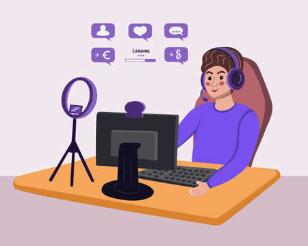 video game streamer Vector Illustration. E-sport gamer live streaming online videogame play and viewer with computer. E-sports streaming, live game show, online streaming business concept.のイラスト素材