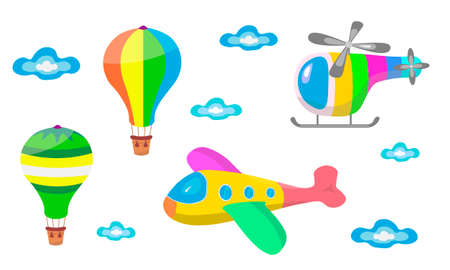 Air transport set. Airplane, air balloon, helicopter. Vector Illustration for printing, backgrounds, wallpapers, covers, greeting cards, posters, stickers, textile, seasonal design. Isolated on whiteのイラスト素材