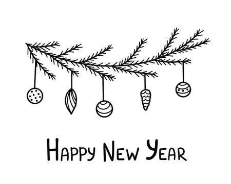 Christmas tree branch with balls doodle. Vector Illustration for printing, backgrounds, covers, packaging, greeting cards, posters, stickers, textile, seasonal design. Isolated on white background.のイラスト素材