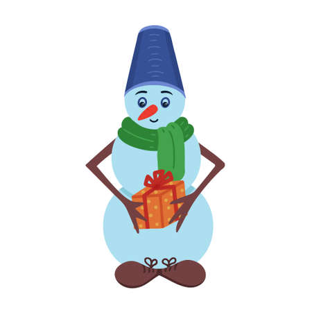 Snowman with gift. Vector Illustration for printing, backgrounds, covers, packaging, greeting cards, posters, stickers, textile, seasonal design. Isolated on white background.のイラスト素材