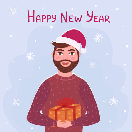 Happy New Year greeting card, man in christmas hat. Vector Illustration for printing, backgrounds, covers, packaging, greeting cards, posters, stickers, textile, seasonal design.のイラスト素材