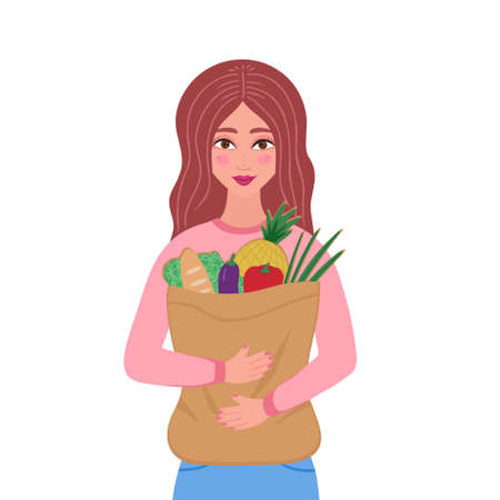 Woman with grocery bag. Girl holds grocery bag with natural products. Vector Illustration for backgrounds, packaging, greeting cards, posters, stickers and textile. Isolated on white background.のイラスト素材