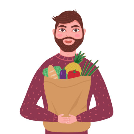 Man with grocery bag. Vector Illustration for printing, backgrounds, covers, packaging, greeting cards, posters, stickers, textile and seasonal design. Isolated on white background.のイラスト素材