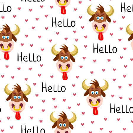 Cute bull head seamless pattern. Vector Illustration for printing, backgrounds, covers, packaging, greeting cards, posters, stickers, textile and seasonal design. Isolated on white background.のイラスト素材