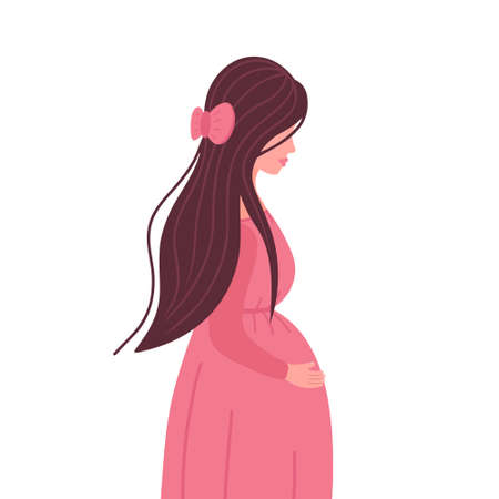 Pregnant Woman, young pregnant girl holding her baby bump. Vector Illustration for backgrounds, packaging, greeting cards, posters, stickers, textile and seasonal design. Isolated on white background.のイラスト素材