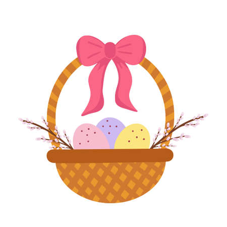 Basket with Easter eggs. Vector Illustration for printing, backgrounds, covers, packaging, greeting cards, posters, stickers, textile and seasonal design. Isolated on white background.のイラスト素材