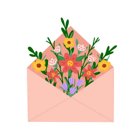 Envelope with flowers. Floral mail. Vector Illustration for printing, backgrounds, covers, packaging, greeting cards, posters, stickers, textile and seasonal design. Isolated on white background.のイラスト素材