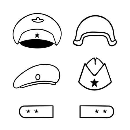 Military caps, helmet, beret, garrison cap. Vector Illustration for printing, backgrounds, covers, packaging, greeting cards, posters, stickers and seasonal design. Isolated on white background.のイラスト素材
