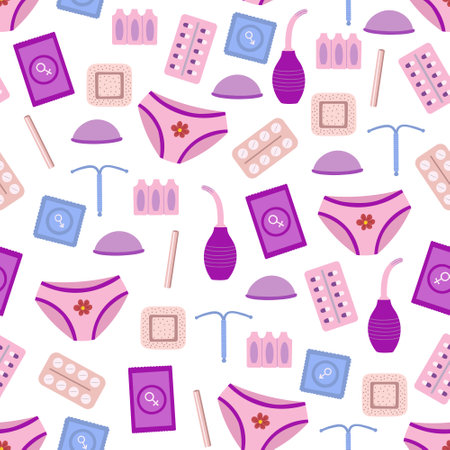Contraception seamless pattern, condom, pills, iud, implant, diaphragm, vaginal douche, patch. Birth control methods. Vector Set of elements for safe sex. Female and male contraceptive items.のイラスト素材