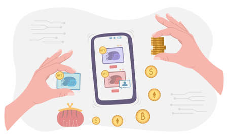 Selling NFT tokens for cryptocurrency. Buyer hand gives bitcoin, dollar, ethereum. Mobile phone with...