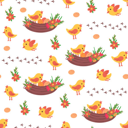 Cute birds and nest seamless pattern. Vector Illustration for printing, backgrounds, covers, packaging, greeting cards, posters, stickers, textile and seasonal design. Isolated on white background.のイラスト素材