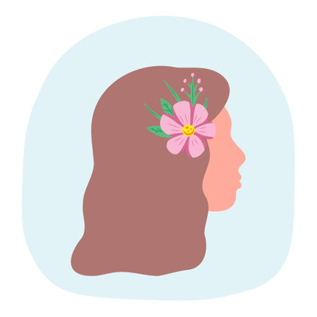 Woman head with flower in hair. Vector Illustration for printing, backgrounds, covers, packaging, greeting cards, posters, stickers, textile and seasonal design. Isolated on white background.のイラスト素材