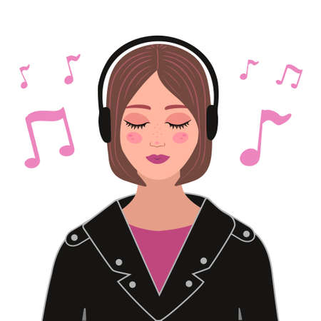 girl with headphones, earpieces, woman listen music. Vector Illustration for printing, backgrounds, covers, packaging, greeting cards, posters, stickers and textile. Isolated on white background.のイラスト素材