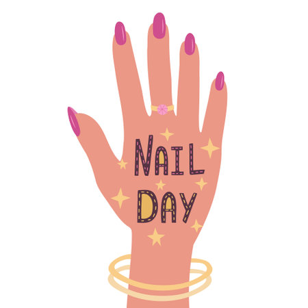 Nail Day, hand with cute nails. Vector Illustration for manicure salons, printing, backgrounds, covers, packaging, greeting cards, posters, stickers and textile . Isolated on white background.のイラスト素材
