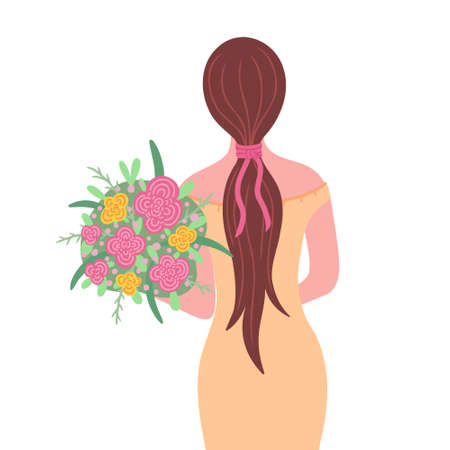 Girl with flowers, girl with long hair and bow. Vector Illustration for printing, backgrounds, covers, packaging, greeting cards, posters, textile and seasonal design. Isolated on white background.のイラスト素材