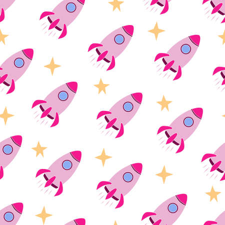 Pink rocket with star seamless pattern. Vector Illustration for printing, backgrounds, covers, packaging, greeting cards, posters, stickers, textile and seasonal design. Isolated on white background.のイラスト素材