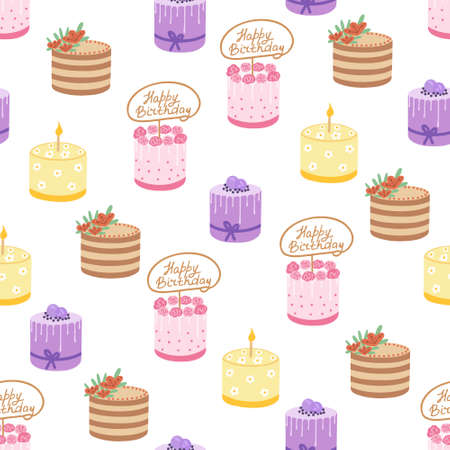 Cute cake seamless pattern. Vector Illustration for printing, backgrounds, covers, packaging, greeting cards, posters, stickers, textile and seasonal design. Isolated on white background.のイラスト素材