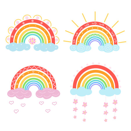 Funny rainbow set. Vector Illustration for printing, backgrounds, covers, packaging, greeting cards, posters, stickers, textile and seasonal design. Isolated on white background.のイラスト素材