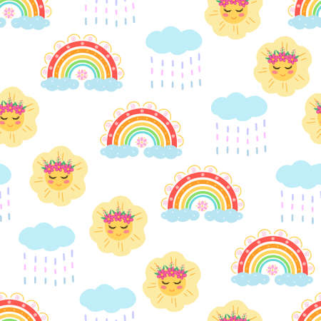 Rainbow, sun, rain seamless pattern. Vector Illustration for printing, backgrounds, covers, packaging, greeting cards, posters, stickers, textile and seasonal design. Isolated on white background.のイラスト素材