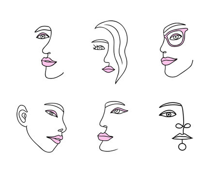 Contour girl face, set, hand drawn one line, beautiful women. Vector Illustration for backgrounds and packaging. Image can be used for greeting card, poster and textile. Isolated on white background.のイラスト素材