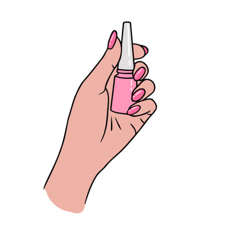 Hand with bottle of nail polish, manicure, beautiful nails. Vector Illustration for backgrounds and packaging. Image can be used for greeting cards, posters and stickers. Isolated on white background.のイラスト素材