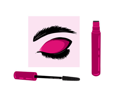 Mascara with brush, beautiful eye, long lashes. Vector Illustration for backgrounds, covers and packaging. Image can be used for greeting cards, posters and stickers. Isolated on white background.のイラスト素材
