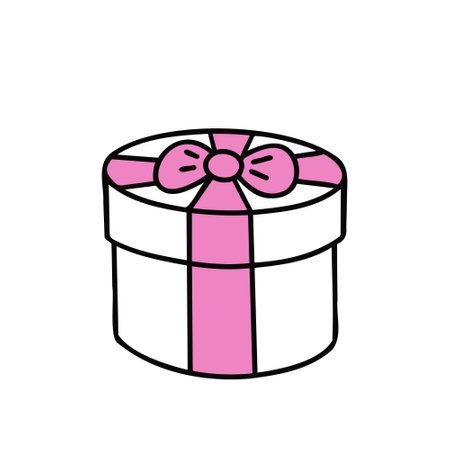 Pink gift box in doodle style, present beauty box. Vector Illustration for backgrounds, covers and packaging. Image can be used for greeting cards, posters and stickers. Isolated on white background.のイラスト素材