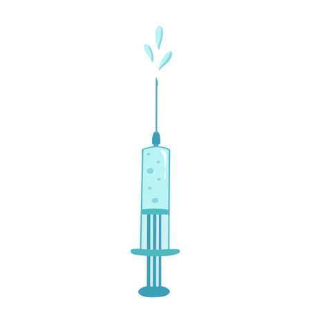 Syringe with splash drops, injection. Vector Illustration for printing, backgrounds, covers and packaging. Image can be used for posters, stickers and textile. Isolated on white background.のイラスト素材