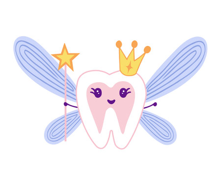 Tooth fairy with crown and holding a star magic wand. Vector Illustration for backgrounds, covers and packaging. Image can be used for greeting card, poster and sticker. Isolated on white background.のイラスト素材