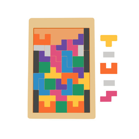Colorful game, wooden jigsaw puzzle, logic game construction. Vector Illustration for backgrounds and packaging. Image can be used for greeting cards and posters. Isolated on white background.のイラスト素材