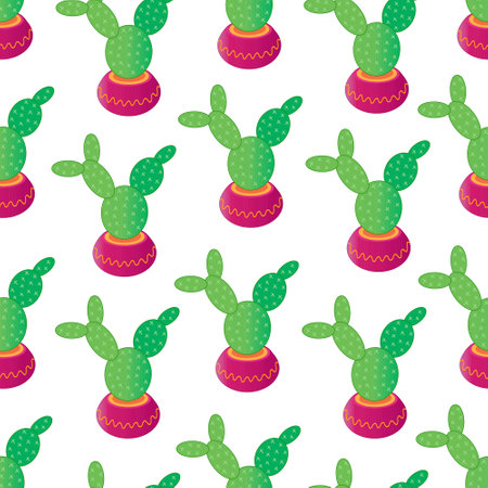 Flat cactus in a pot seamless pattern. Vector Illustration for printing, backgrounds, covers and packaging. Image can be used for greeting cards, posters and textile. Isolated on white background.のイラスト素材