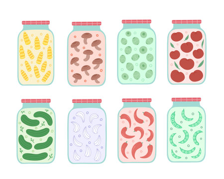 Pickled vegetables in jars. Jars preserved tomatoes, cucumbers and peppers. Canned food in glass jars with corn, garlic and mushrooms. Vector Illustration for background. Isolated on white background.のイラスト素材