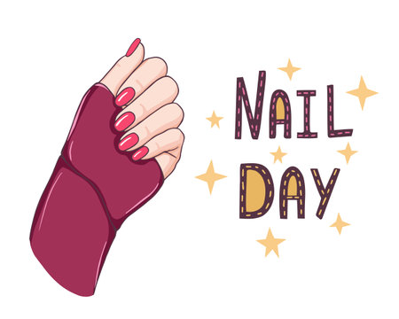 Beautiful nails, hand with sleeve and lettering nail day. Vector Illustration for background, beauty salon and nails artist. Image can be used for greeting card, poster. Isolated on white background.のイラスト素材