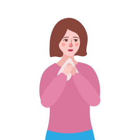 girl with a runny nose, woman caught a cold. Vector Illustration for printing, backgrounds, covers and packaging. Image can be used for posters, stickers and textile. Isolated on white background.のイラスト素材
